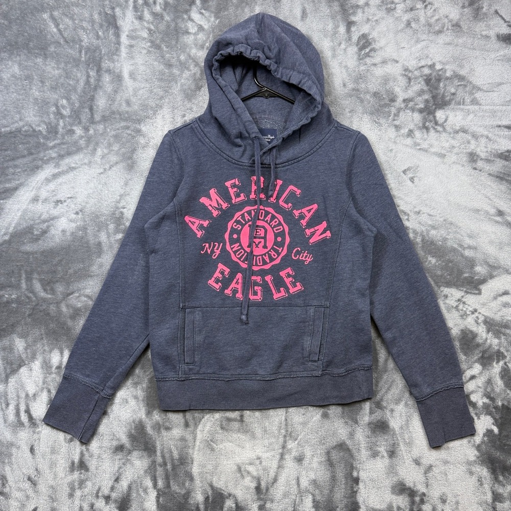 American Eagle Hoodie Womens Medium Gray Pink Graphic Pullover Sweatshirt